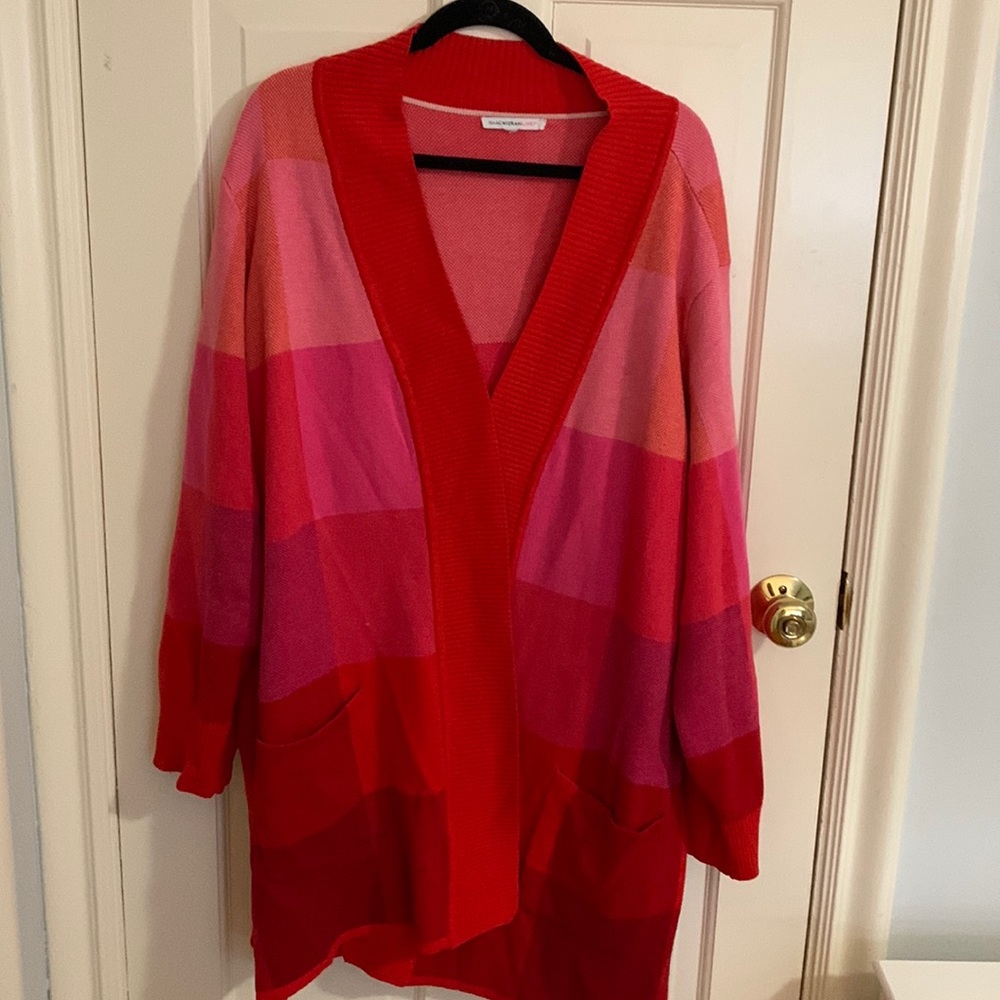Oversized red and pink cardigan from Isaac Mizrahi